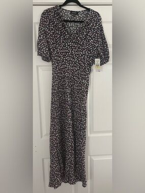 Karen Kane Black Floral Puff Sleeve Midi Dress with Flared Skirt